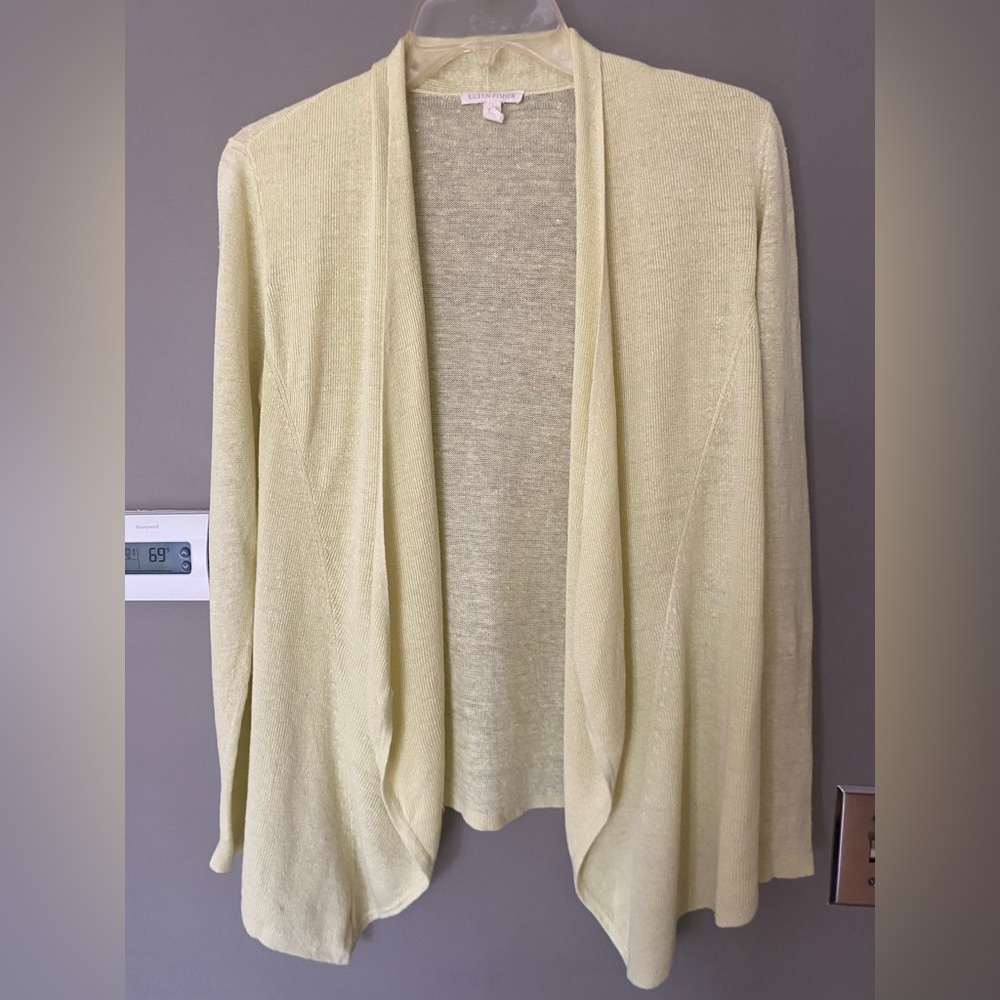 EILEEN FISHER Lemic Angled 100% Linen Yellow Open-Front Cardigan Size Small
